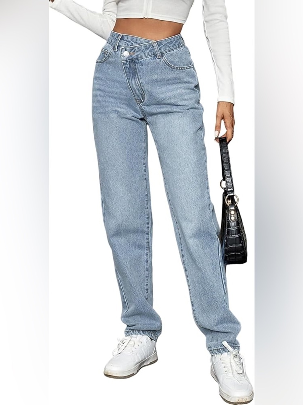 Asymmeric Waist Light Wash High-Rise Straight Leg Jeans